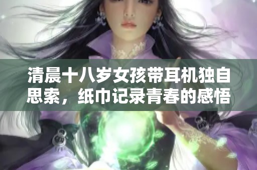 清晨十八歲女孩帶耳機(jī)獨(dú)自思索，紙巾記錄青春的感悟